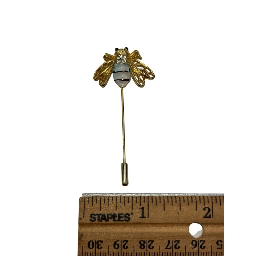 Vintage Gold Tone White Enamel Rhinestone Bumble Bee Insect Stick Pin